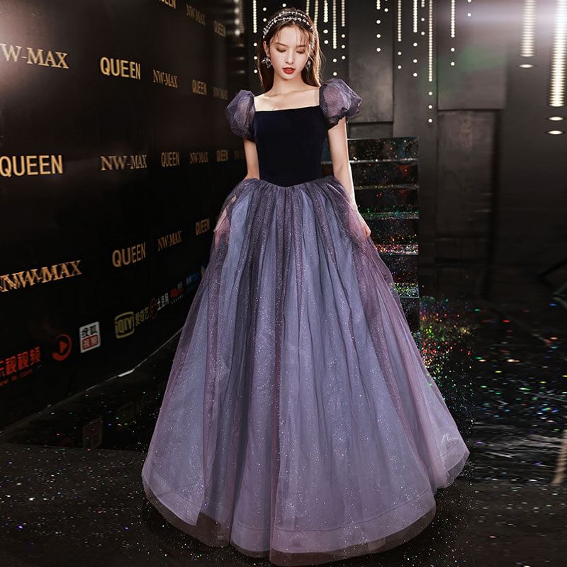 Short-Sleeve Square Neck Sheer A-Line Evening Ball Gown