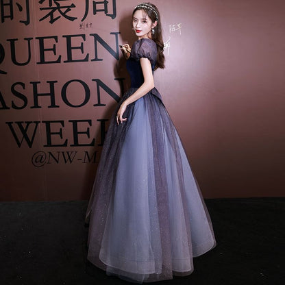 Short-Sleeve Square Neck Sheer A-Line Evening Ball Gown