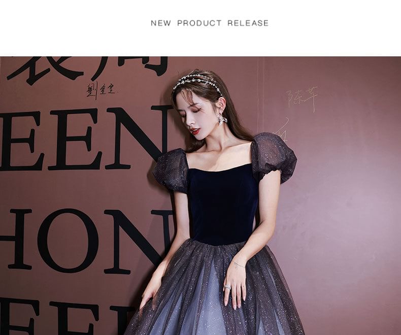 Short-Sleeve Square Neck Sheer A-Line Evening Ball Gown