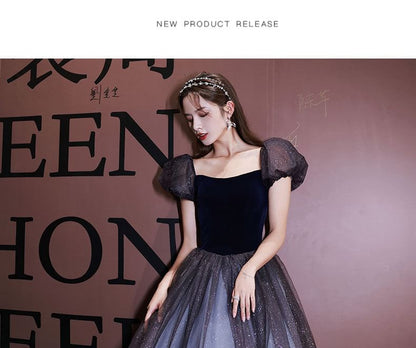 Short-Sleeve Square Neck Sheer A-Line Evening Ball Gown