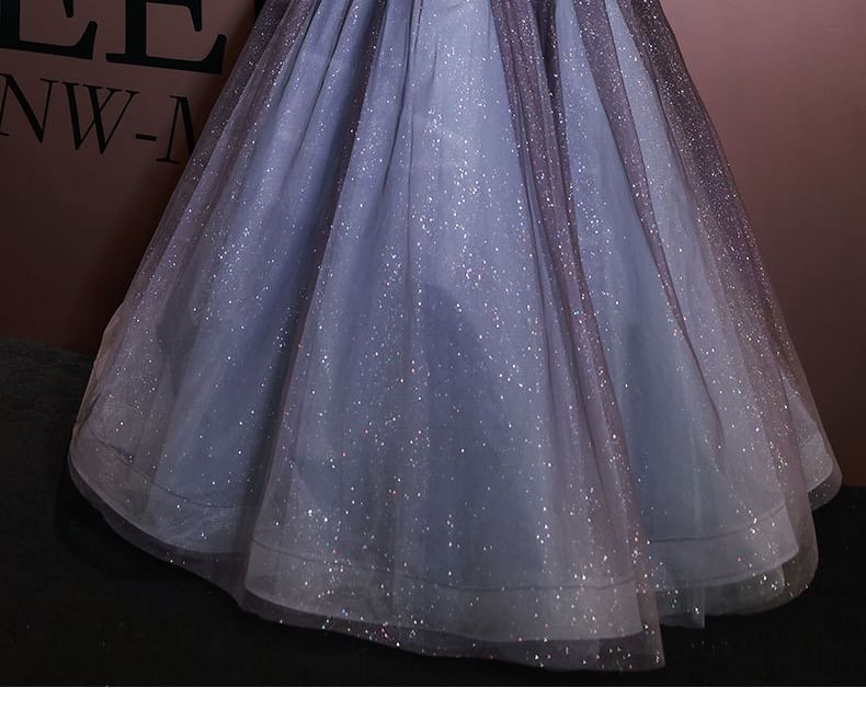 Short-Sleeve Square Neck Sheer A-Line Evening Ball Gown