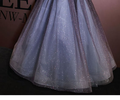 Short-Sleeve Square Neck Sheer A-Line Evening Ball Gown