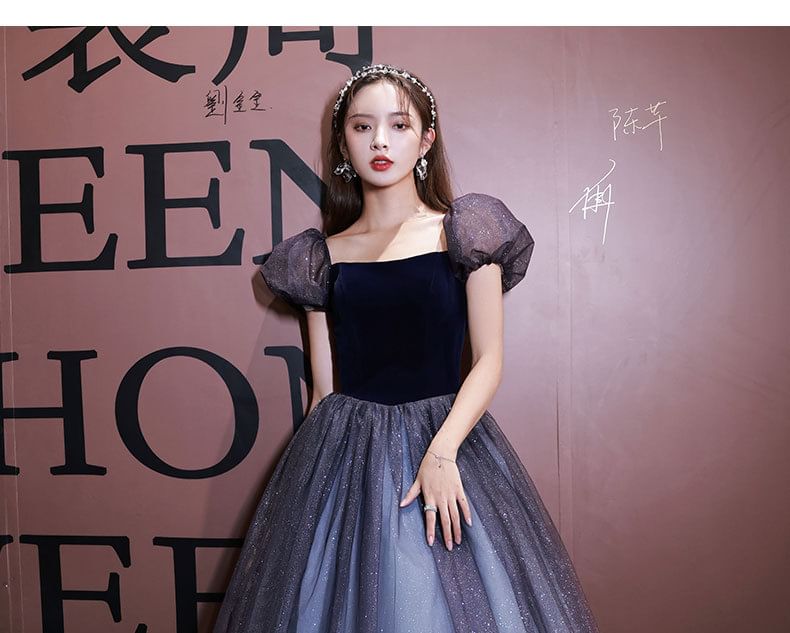 Short-Sleeve Square Neck Sheer A-Line Evening Ball Gown