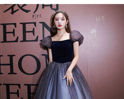 Short-Sleeve Square Neck Sheer A-Line Evening Ball Gown