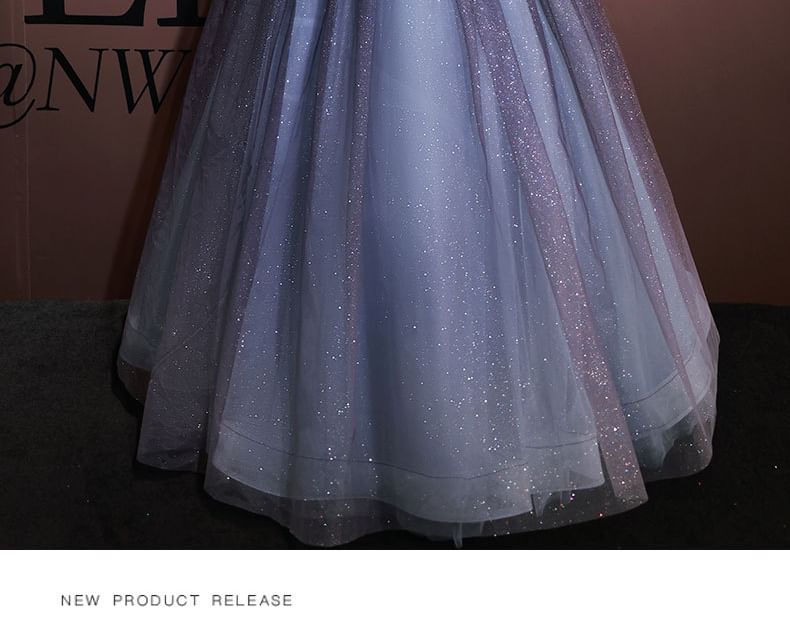 Short-Sleeve Square Neck Sheer A-Line Evening Ball Gown