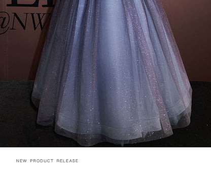 Short-Sleeve Square Neck Sheer A-Line Evening Ball Gown