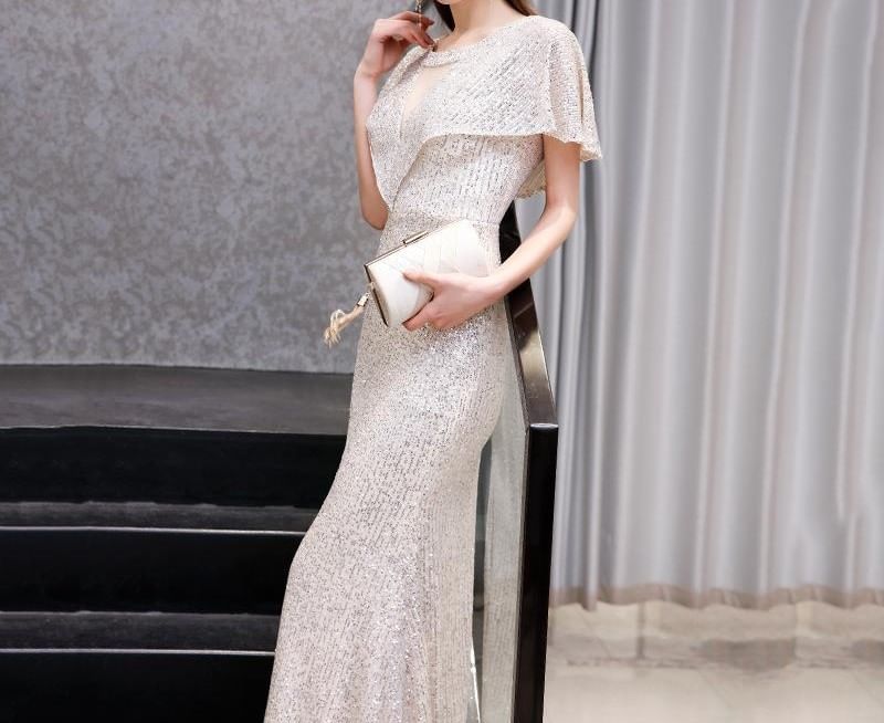 Short-Sleeve V-Neck Sequin Sheath Evening Gown