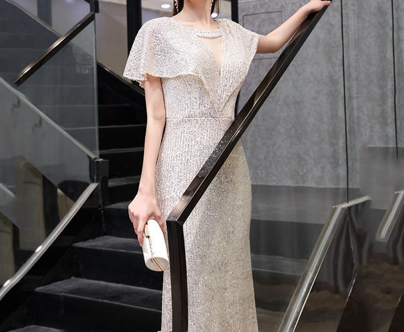 Short-Sleeve V-Neck Sequin Sheath Evening Gown