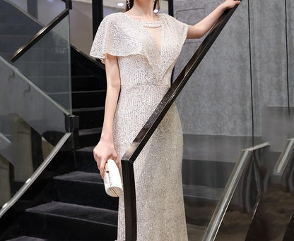 Short-Sleeve V-Neck Sequin Sheath Evening Gown