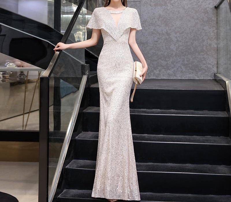 Short-Sleeve V-Neck Sequin Sheath Evening Gown