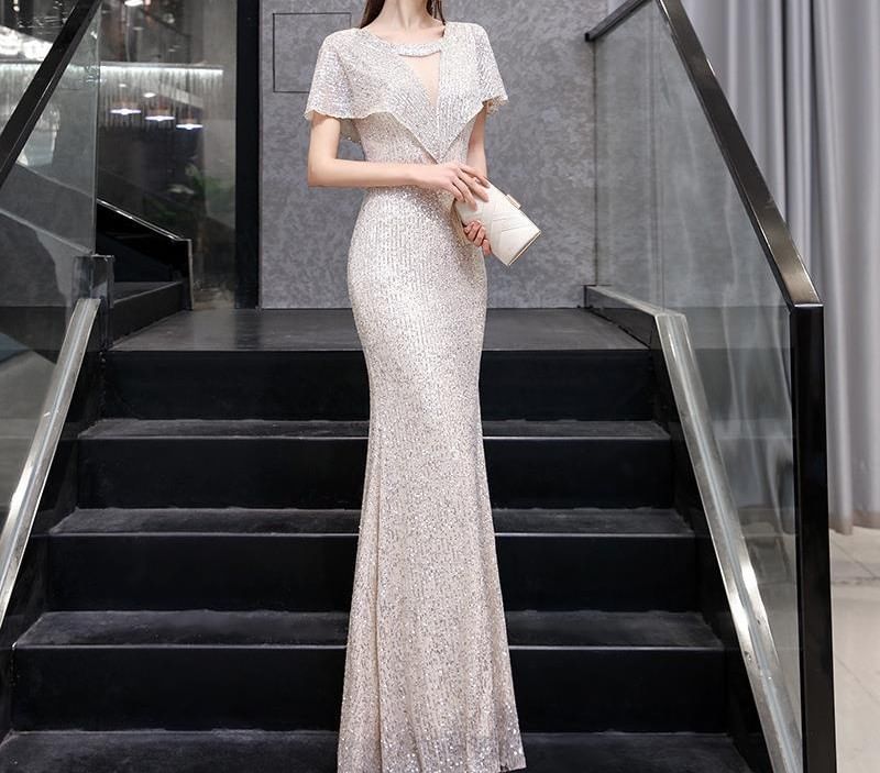Short-Sleeve V-Neck Sequin Sheath Evening Gown
