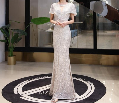 Short-Sleeve V-Neck Sequin Sheath Evening Gown