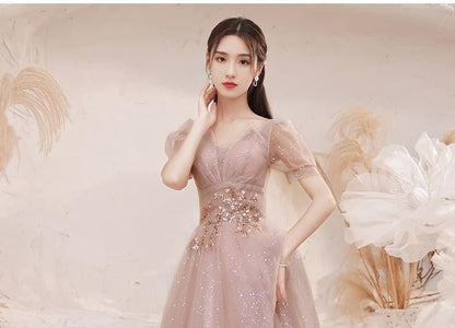 Short-Sleeve Glitter A-Line Evening Gown / Midi Dress