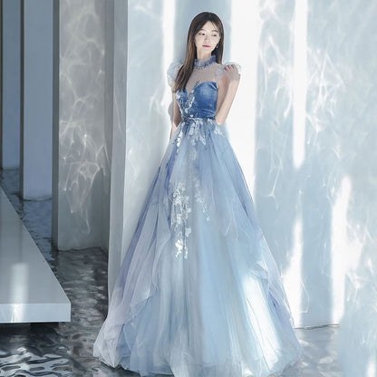 Cap-Sleeve Floral Embroidery Mesh A-Line Evening Gown