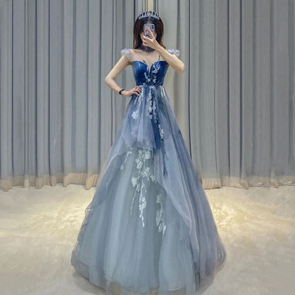 Cap-Sleeve Floral Embroidery Mesh A-Line Evening Gown