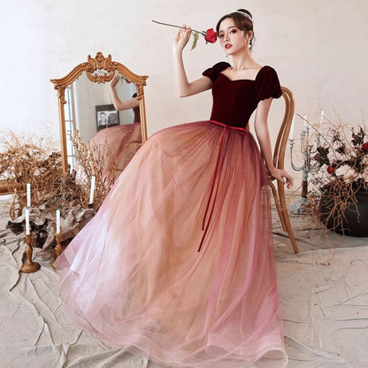 Short-Sleeve Square Neck Velvet A-Line Evening Gown