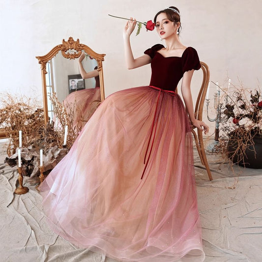 Short-Sleeve Square Neck Velvet A-Line Evening Gown
