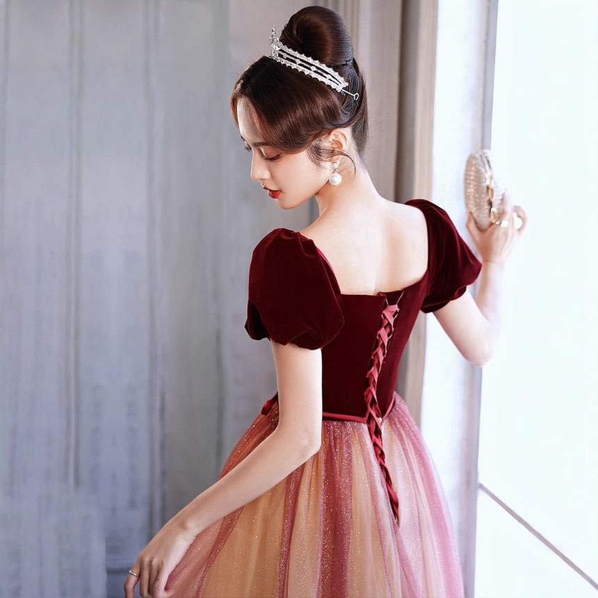 Short-Sleeve Square Neck Velvet A-Line Evening Gown