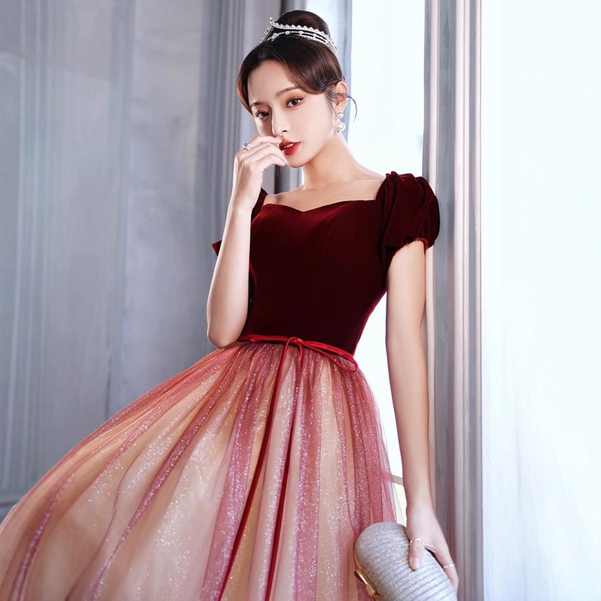 Short-Sleeve Square Neck Velvet A-Line Evening Gown