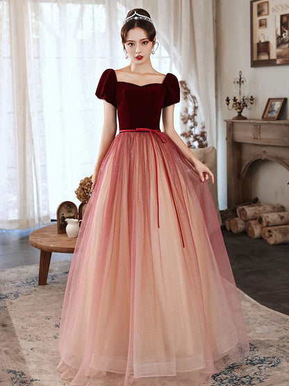 Short-Sleeve Square Neck Velvet A-Line Evening Gown