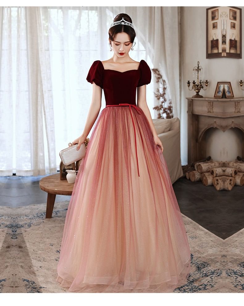 Short-Sleeve Square Neck Velvet A-Line Evening Gown