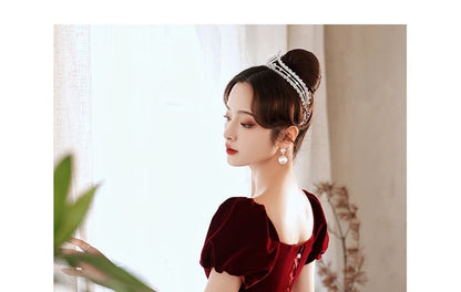 Short-Sleeve Square Neck Velvet A-Line Evening Gown