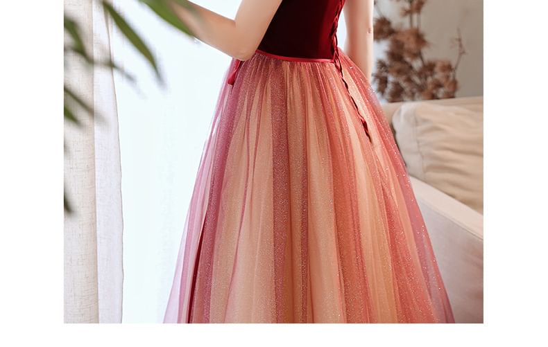 Short-Sleeve Square Neck Velvet A-Line Evening Gown