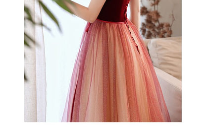 Short-Sleeve Square Neck Velvet A-Line Evening Gown