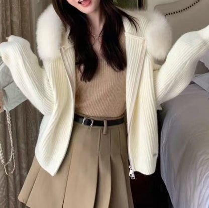 Fluffy Trim Hood Ribbed Zip Cardigan