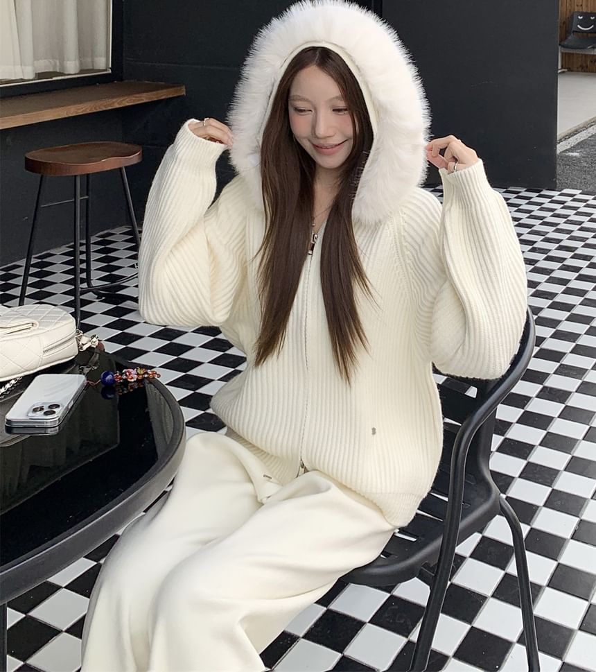 Fluffy Trim Hood Ribbed Zip Cardigan