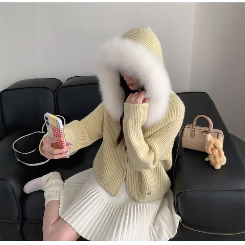 Fluffy Trim Hood Ribbed Zip Cardigan