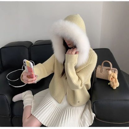 Fluffy Trim Hood Ribbed Zip Cardigan