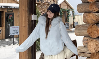 Fluffy Trim Hood Ribbed Zip Cardigan