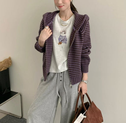 Striped Hood Zip Cardigan