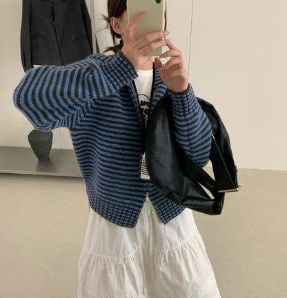 Striped Hood Zip Cardigan