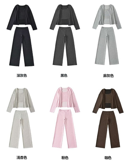 Set: Striped Open Front Cardigan + Scoop Neck Crop Cami Top + Low Waist Wide Leg Pants