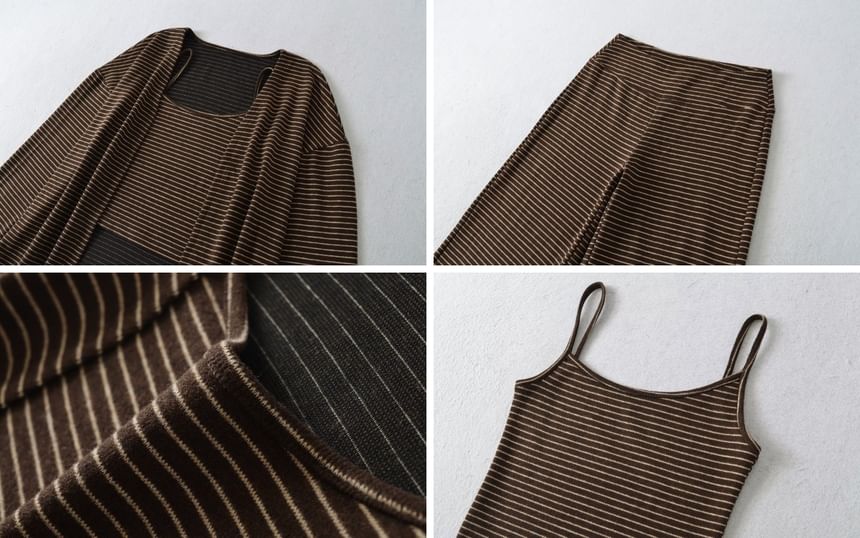 Set: Striped Open Front Cardigan + Scoop Neck Crop Cami Top + Low Waist Wide Leg Pants