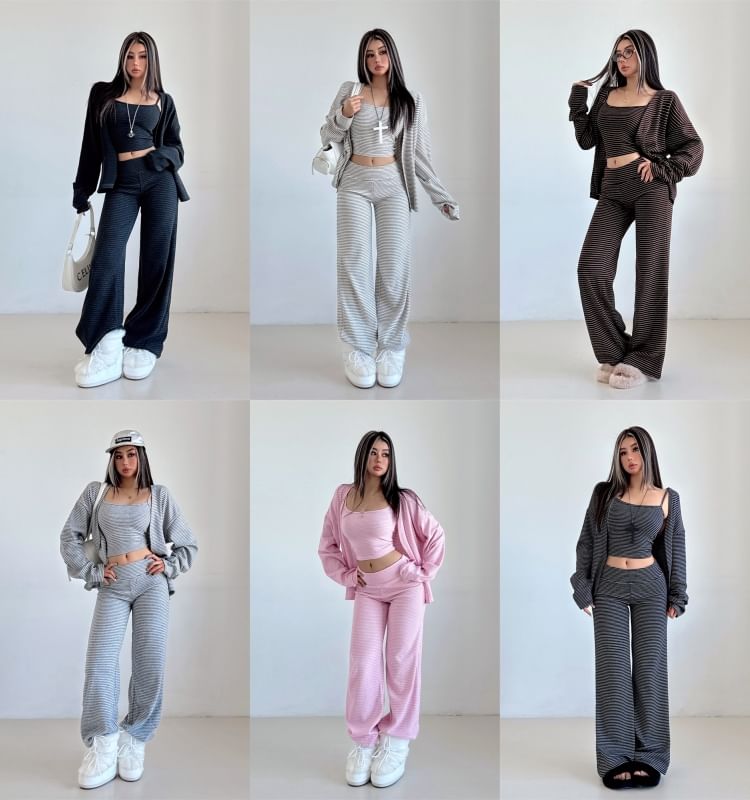 Set: Striped Open Front Cardigan + Scoop Neck Crop Cami Top + Low Waist Wide Leg Pants