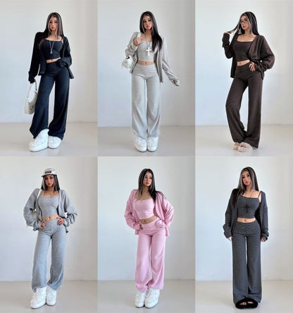 Set: Striped Open Front Cardigan + Scoop Neck Crop Cami Top + Low Waist Wide Leg Pants