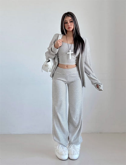 Set: Striped Open Front Cardigan + Scoop Neck Crop Cami Top + Low Waist Wide Leg Pants