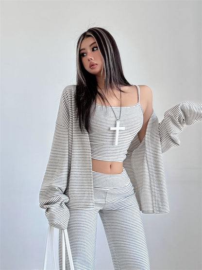 Set: Striped Open Front Cardigan + Scoop Neck Crop Cami Top + Low Waist Wide Leg Pants