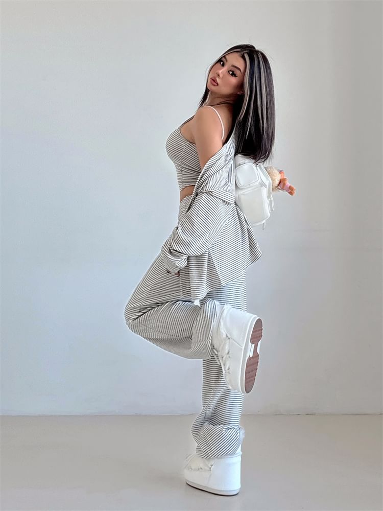 Set: Striped Open Front Cardigan + Scoop Neck Crop Cami Top + Low Waist Wide Leg Pants