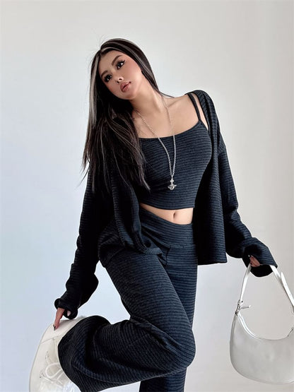 Set: Striped Open Front Cardigan + Scoop Neck Crop Cami Top + Low Waist Wide Leg Pants