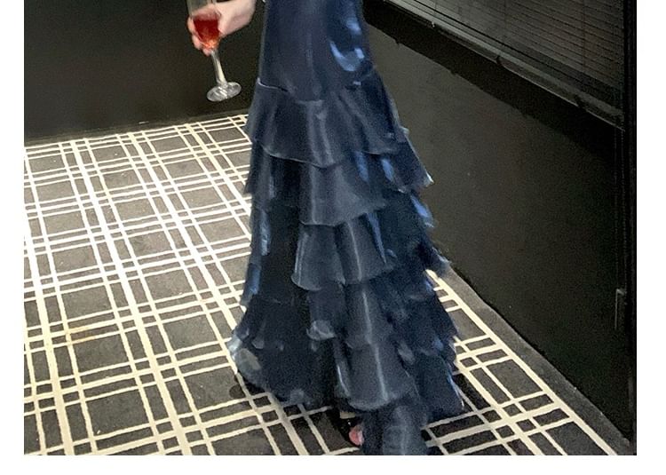 Spaghetti Strap V-Neck Plain Tiered Slit A-Line Evening Gown