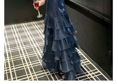 Spaghetti Strap V-Neck Plain Tiered Slit A-Line Evening Gown