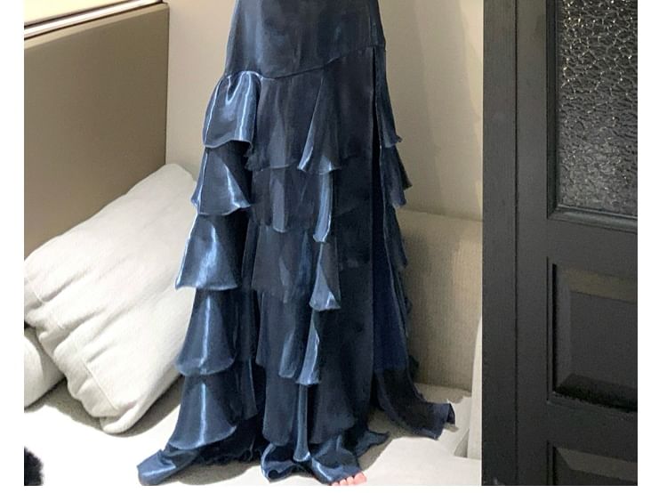 Spaghetti Strap V-Neck Plain Tiered Slit A-Line Evening Gown