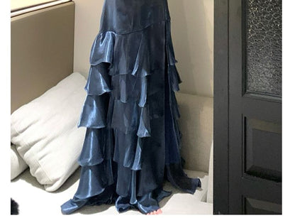 Spaghetti Strap V-Neck Plain Tiered Slit A-Line Evening Gown