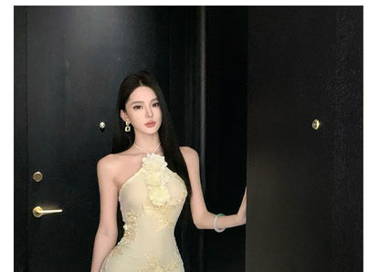 Halter Floral Patterned Trumpet Evening Dress