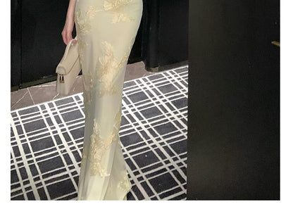 Halter Floral Patterned Trumpet Evening Dress