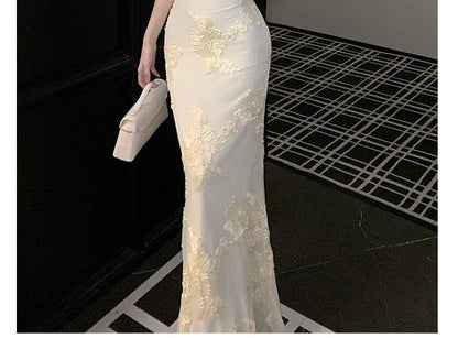 Halter Floral Patterned Trumpet Evening Dress